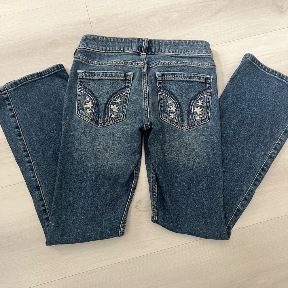 Hollister Women's Lo Rise Boot Cut Blue Jeans with Floral Embroidery